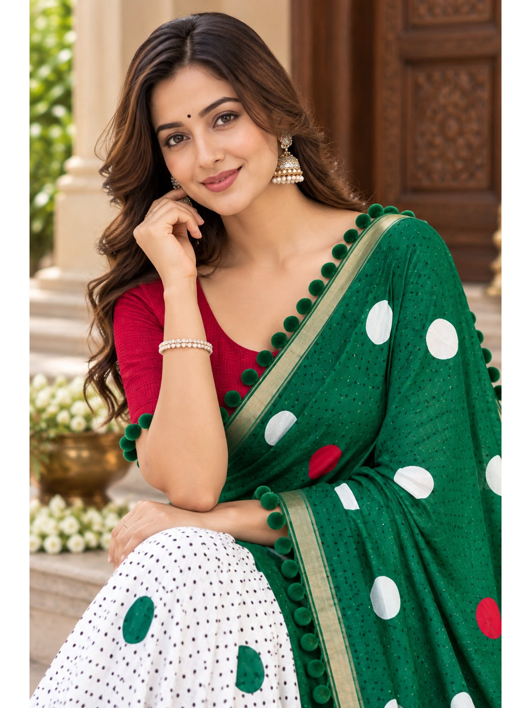 Peachmode Green Polka Dot Mul Cotton Saree with Blouse - Image 3