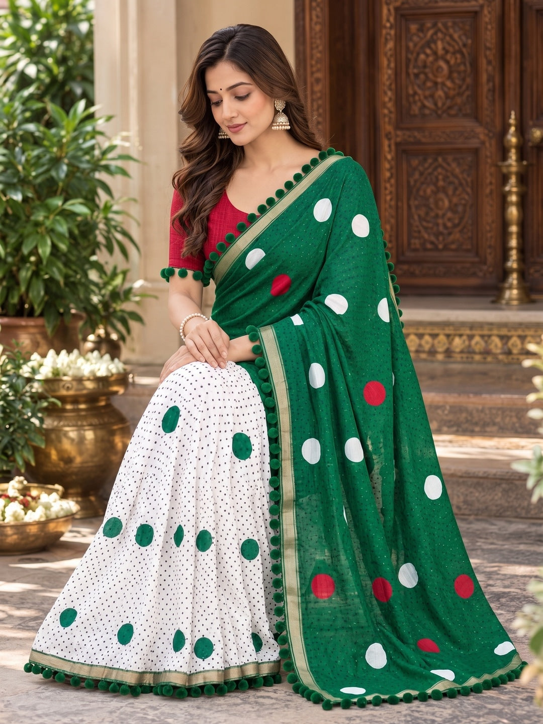 Peachmode Green Polka Dot Mul Cotton Saree with Blouse - Image 5