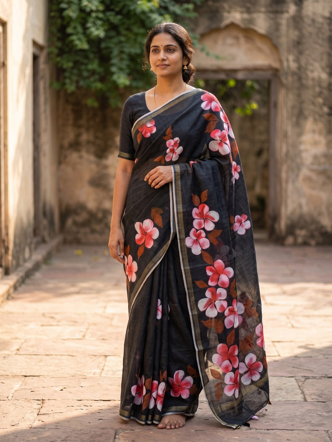 Black Floral Printed Linen Saree with Matching Blouse - Image 1