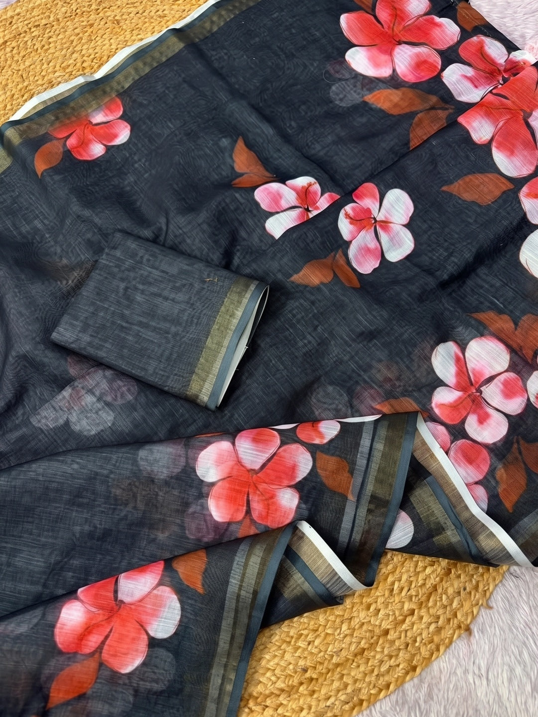 Black Floral Printed Linen Saree with Matching Blouse - Image 3