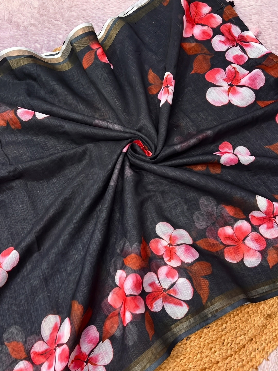 Black Floral Printed Linen Saree with Matching Blouse - Image 4