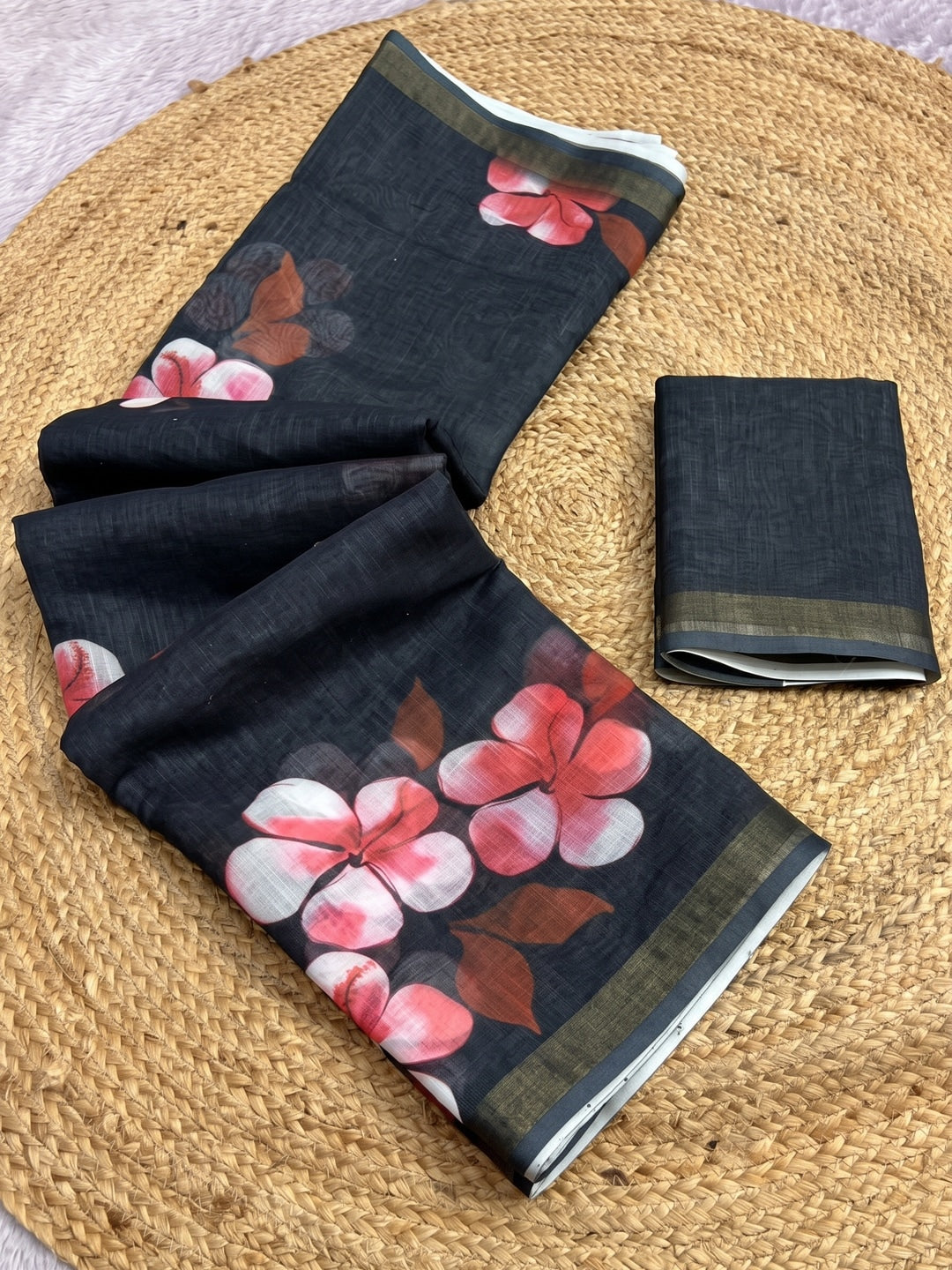 Black Floral Printed Linen Saree with Matching Blouse - Image 5