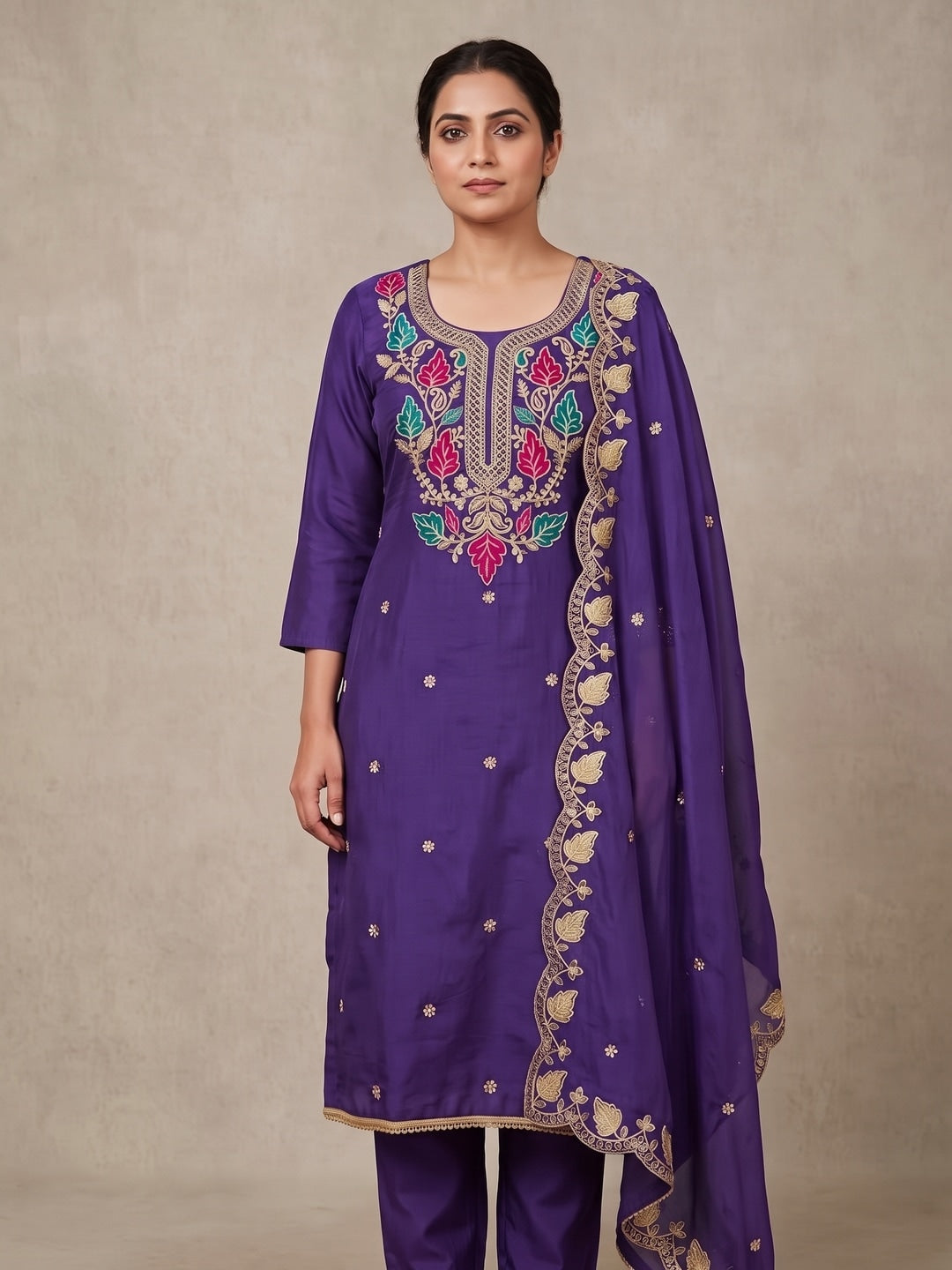 Purple Floral Embroidered Vichitra Silk Unstitched Dress Material - Image 2