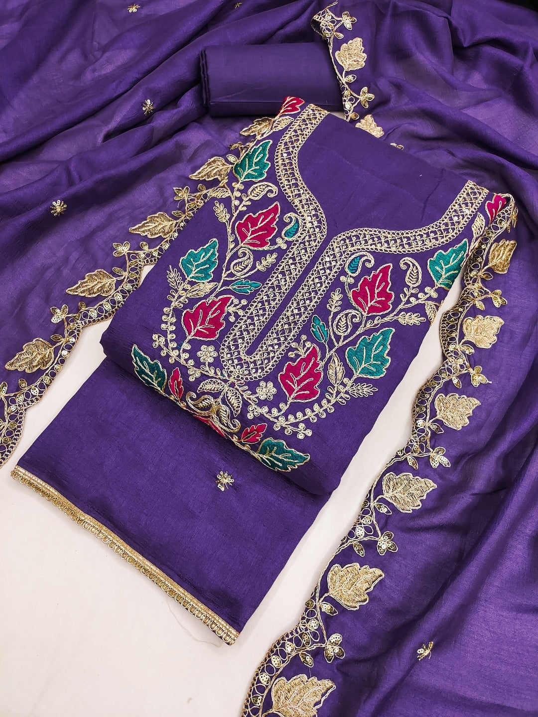 Purple Floral Embroidered Vichitra Silk Unstitched Dress Material - Image 3