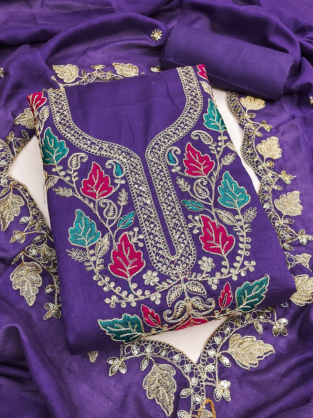 Purple Floral Embroidered Vichitra Silk Unstitched Dress Material - Image 4