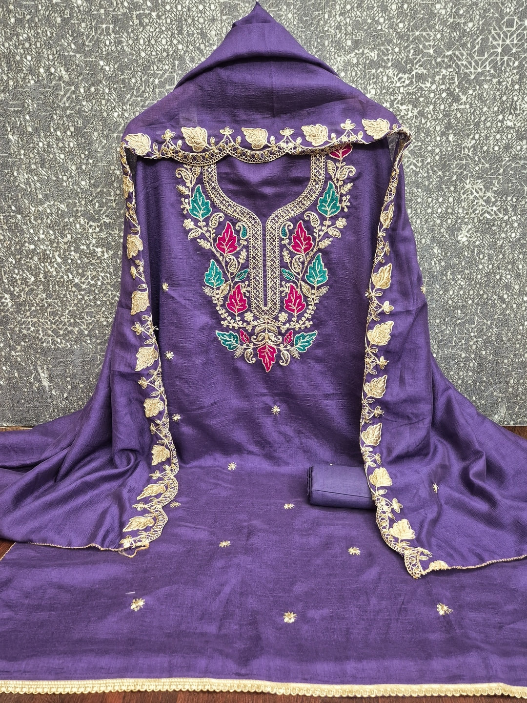 Purple Floral Embroidered Vichitra Silk Unstitched Dress Material - Image 5