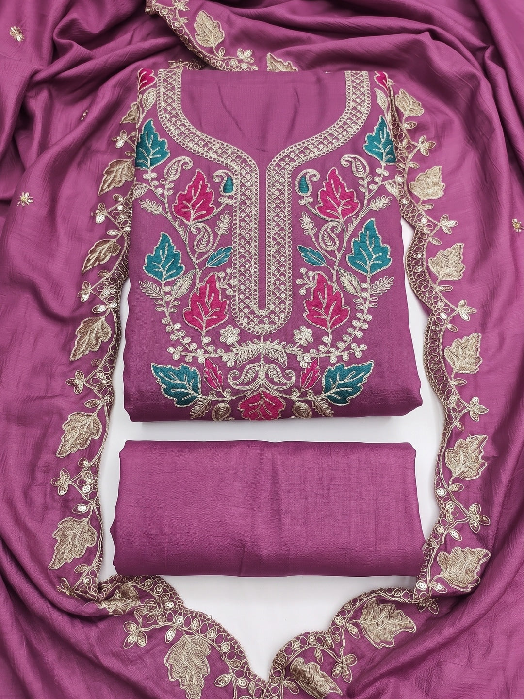 Wine Floral Embroidered Vichitra Silk Unstitched Dress Material - Image 1