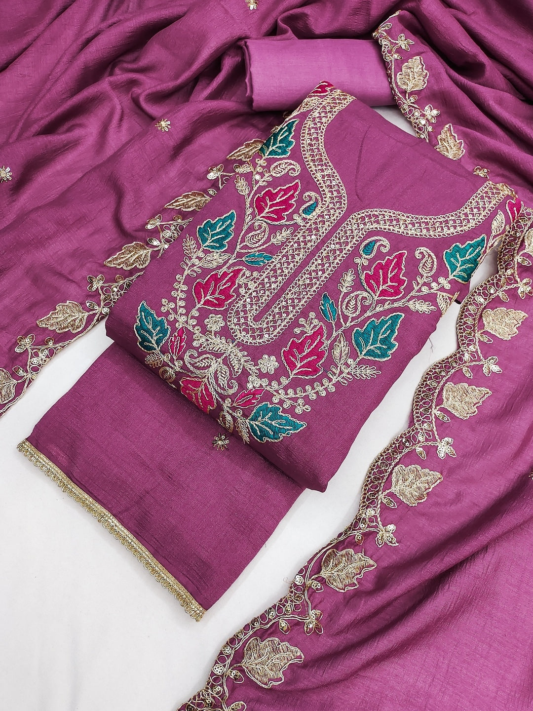 Wine Floral Embroidered Vichitra Silk Unstitched Dress Material - Image 3