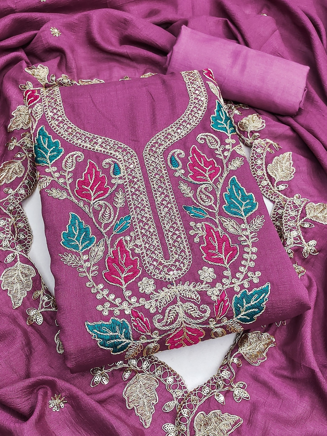 Wine Floral Embroidered Vichitra Silk Unstitched Dress Material - Image 4