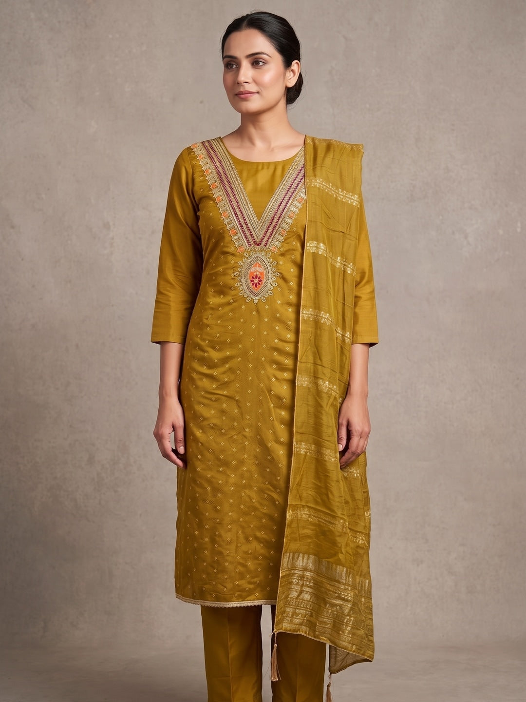 Mustard Embroidered Chanderi Unstitched Dress Material - Image 2