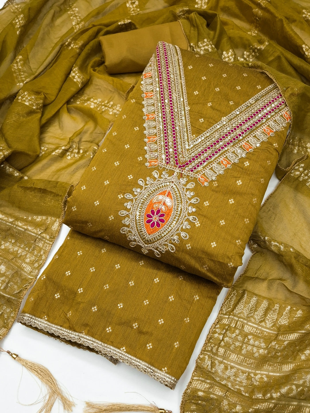 Mustard Embroidered Chanderi Unstitched Dress Material - Image 3