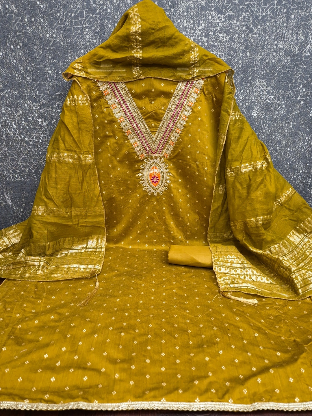 Mustard Embroidered Chanderi Unstitched Dress Material - Image 5