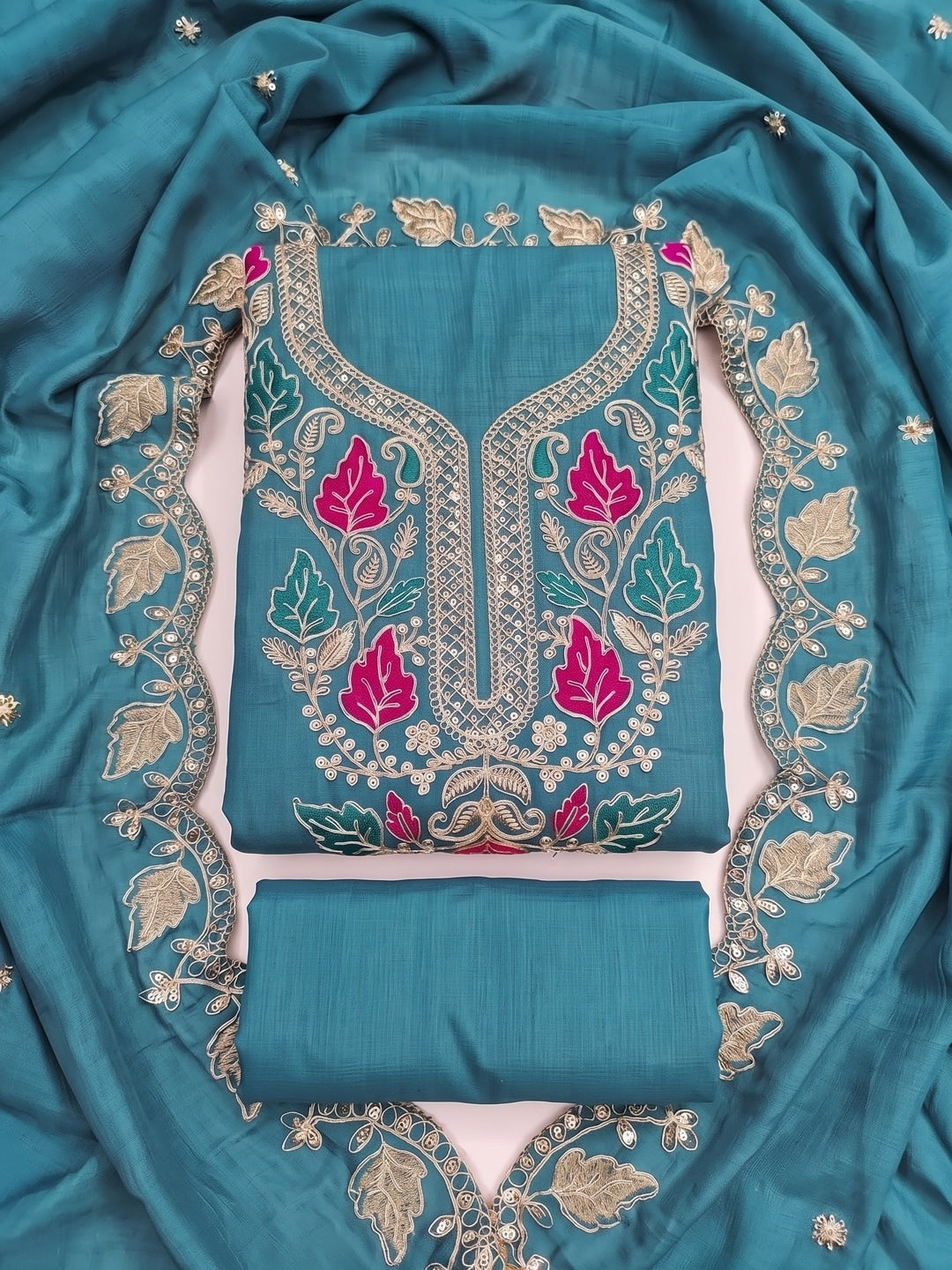 Teal Floral Embroidered Vichitra Silk Unstitched Dress Material - Image 1