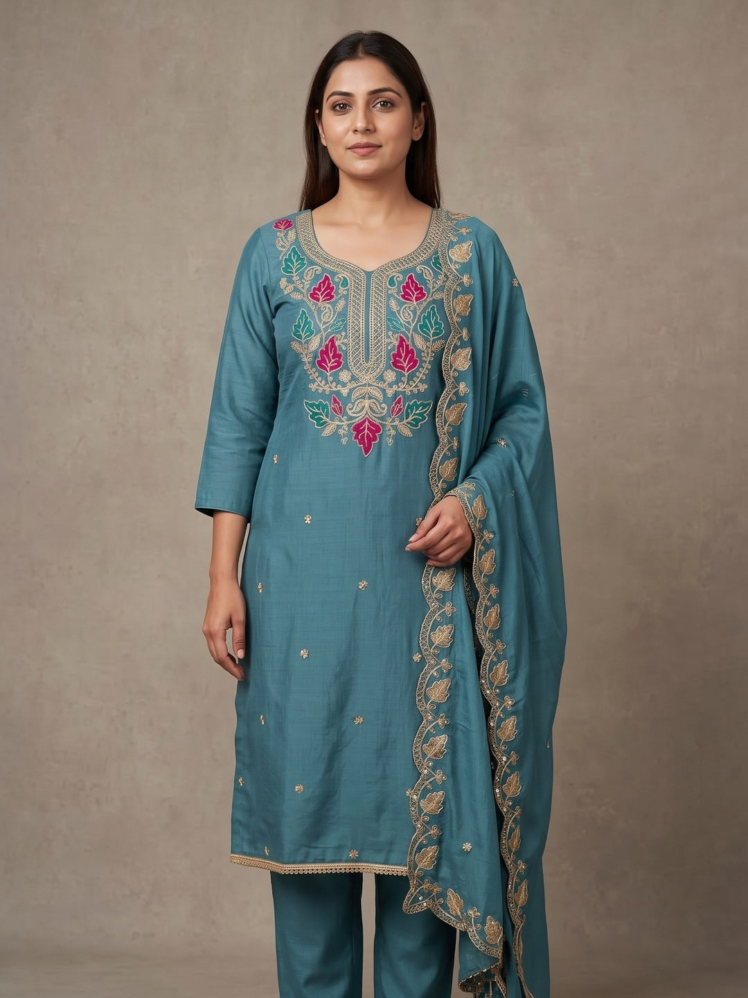 Teal Floral Embroidered Vichitra Silk Unstitched Dress Material - Image 2