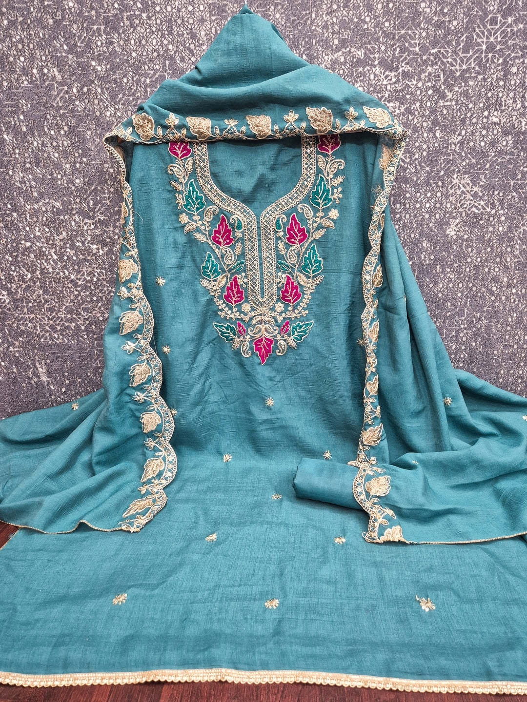 Teal Floral Embroidered Vichitra Silk Unstitched Dress Material - Image 5