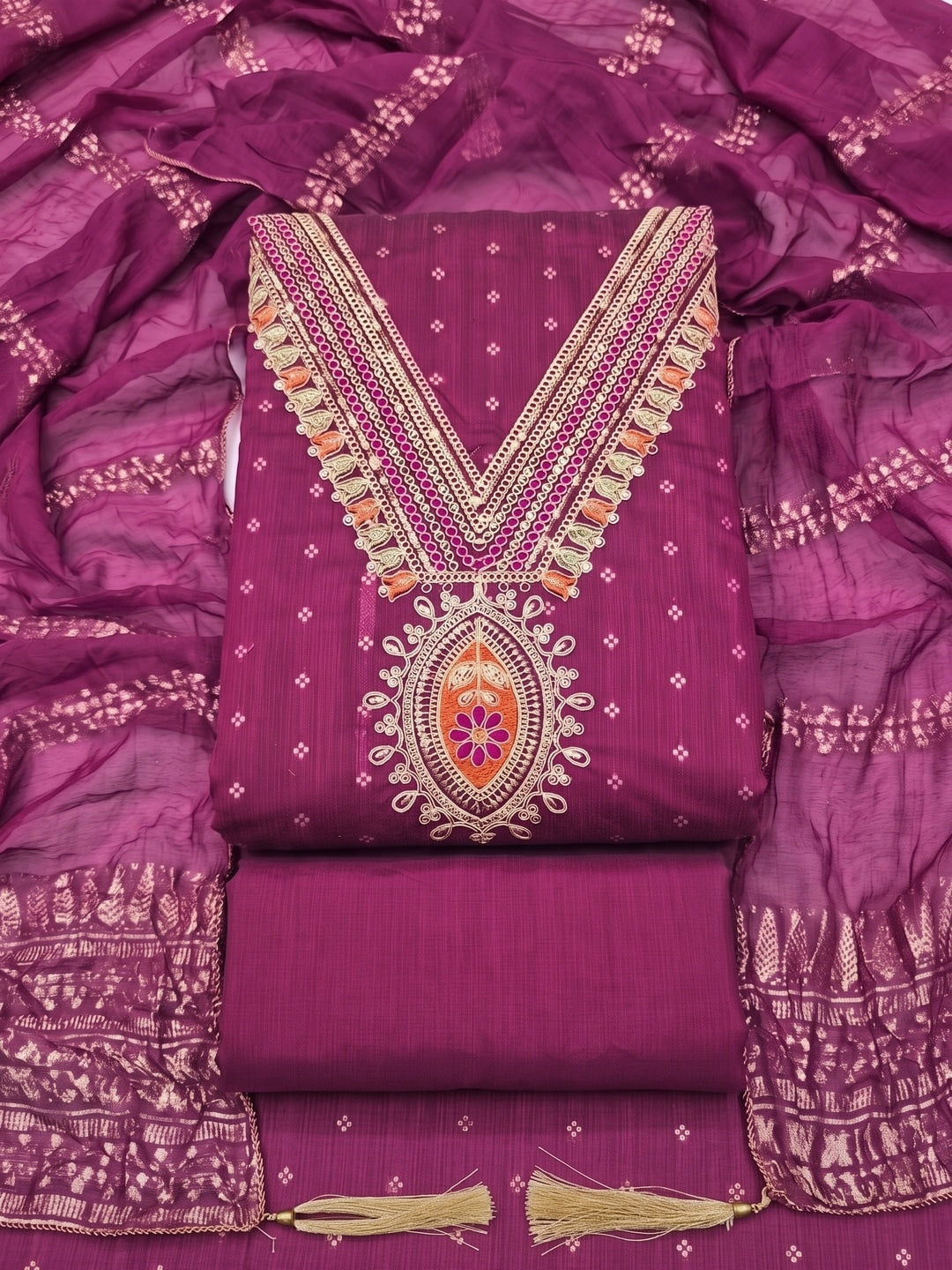 Magenta Embroidered Chanderi Unstitched Dress Material - Image 1