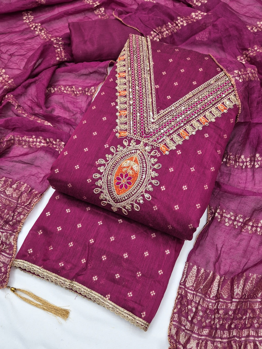 Magenta Embroidered Chanderi Unstitched Dress Material - Image 3