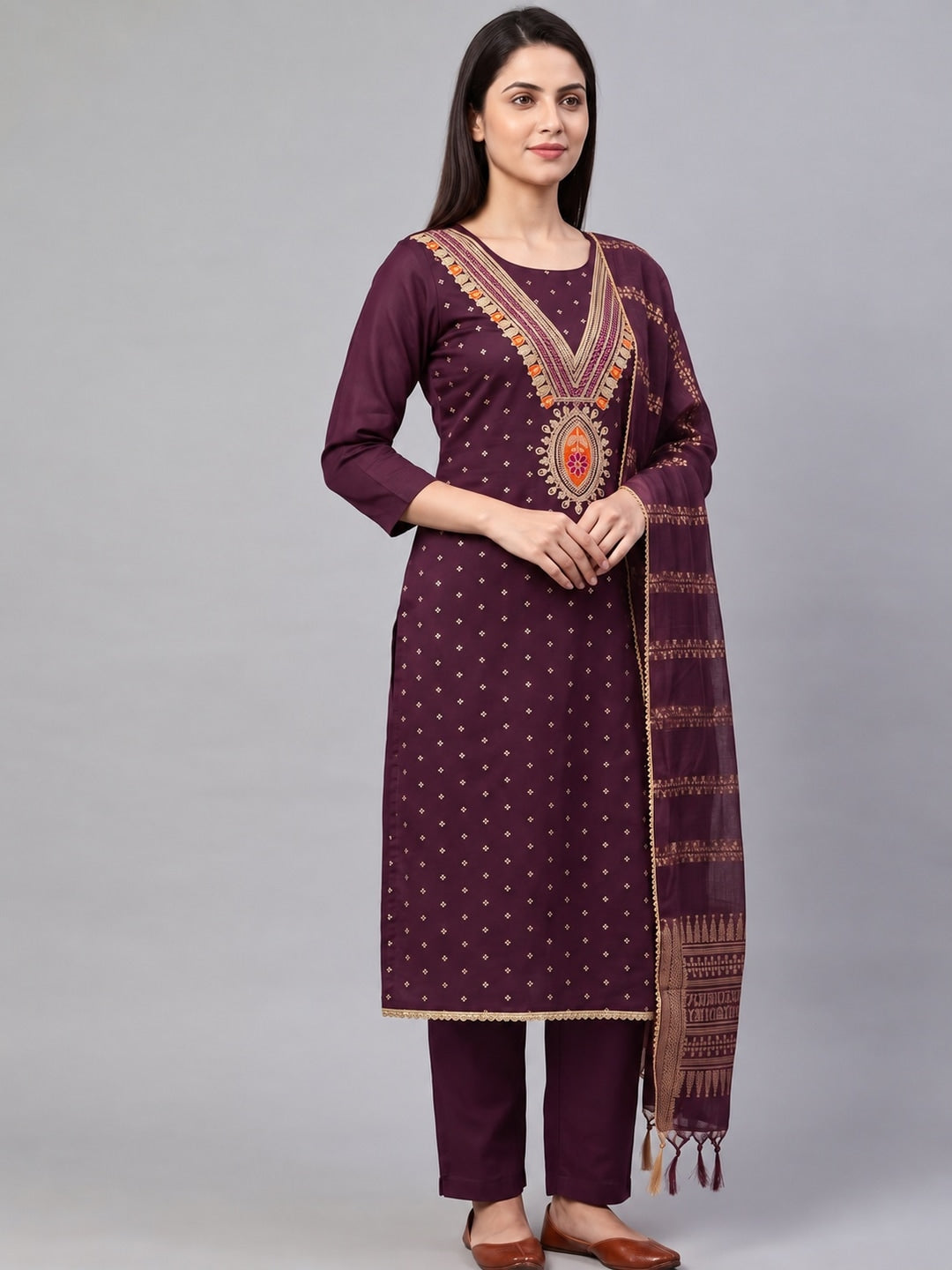 Wine Embroidered Chanderi Unstitched Dress Material - Image 2