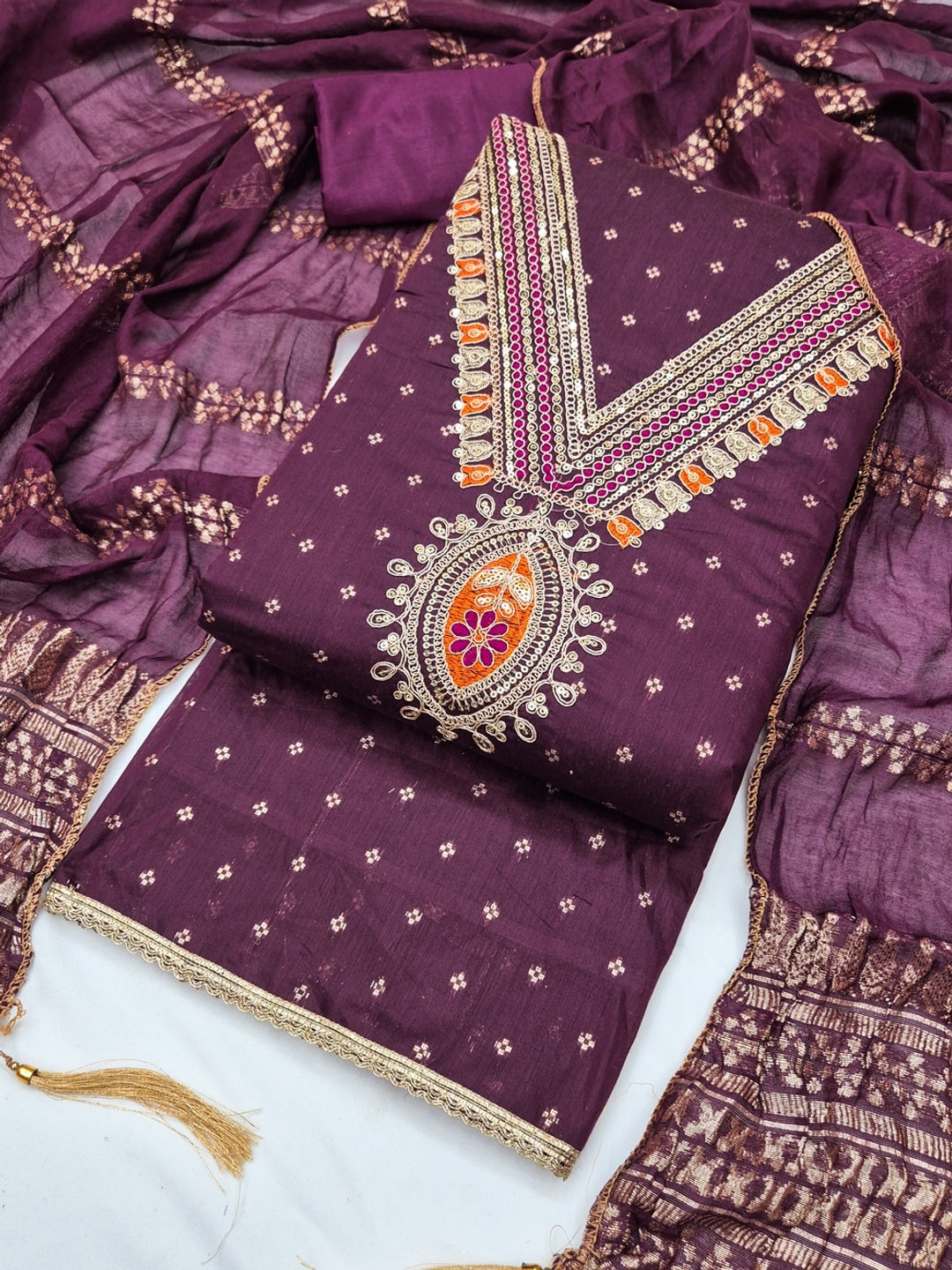 Wine Embroidered Chanderi Unstitched Dress Material - Image 3