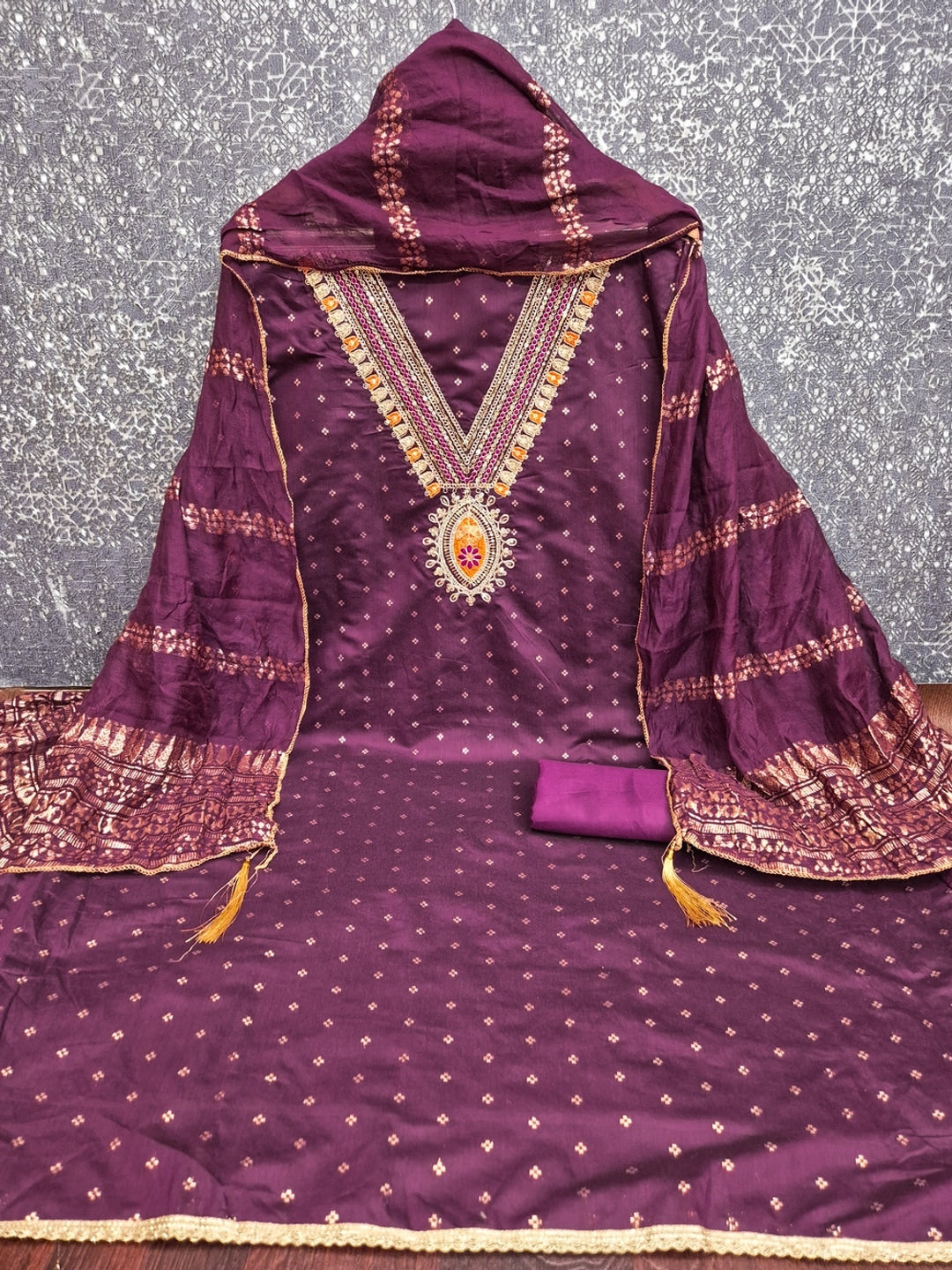 Wine Embroidered Chanderi Unstitched Dress Material - Image 5