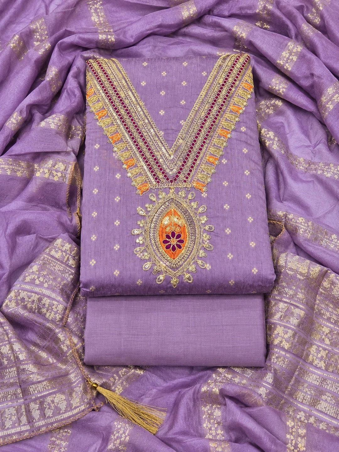 Lavender Embroidered Chanderi Unstitched Dress Material - Image 1