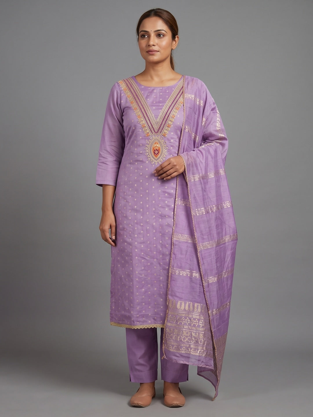 Lavender Embroidered Chanderi Unstitched Dress Material - Image 2