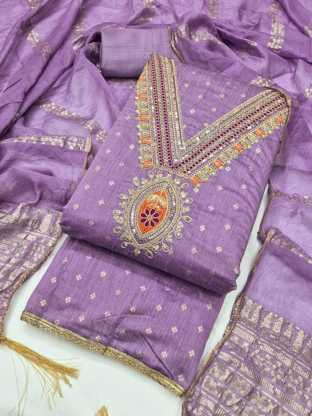 Lavender Embroidered Chanderi Unstitched Dress Material - Image 3