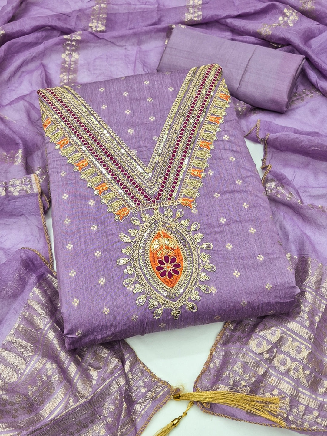 Lavender Embroidered Chanderi Unstitched Dress Material - Image 4
