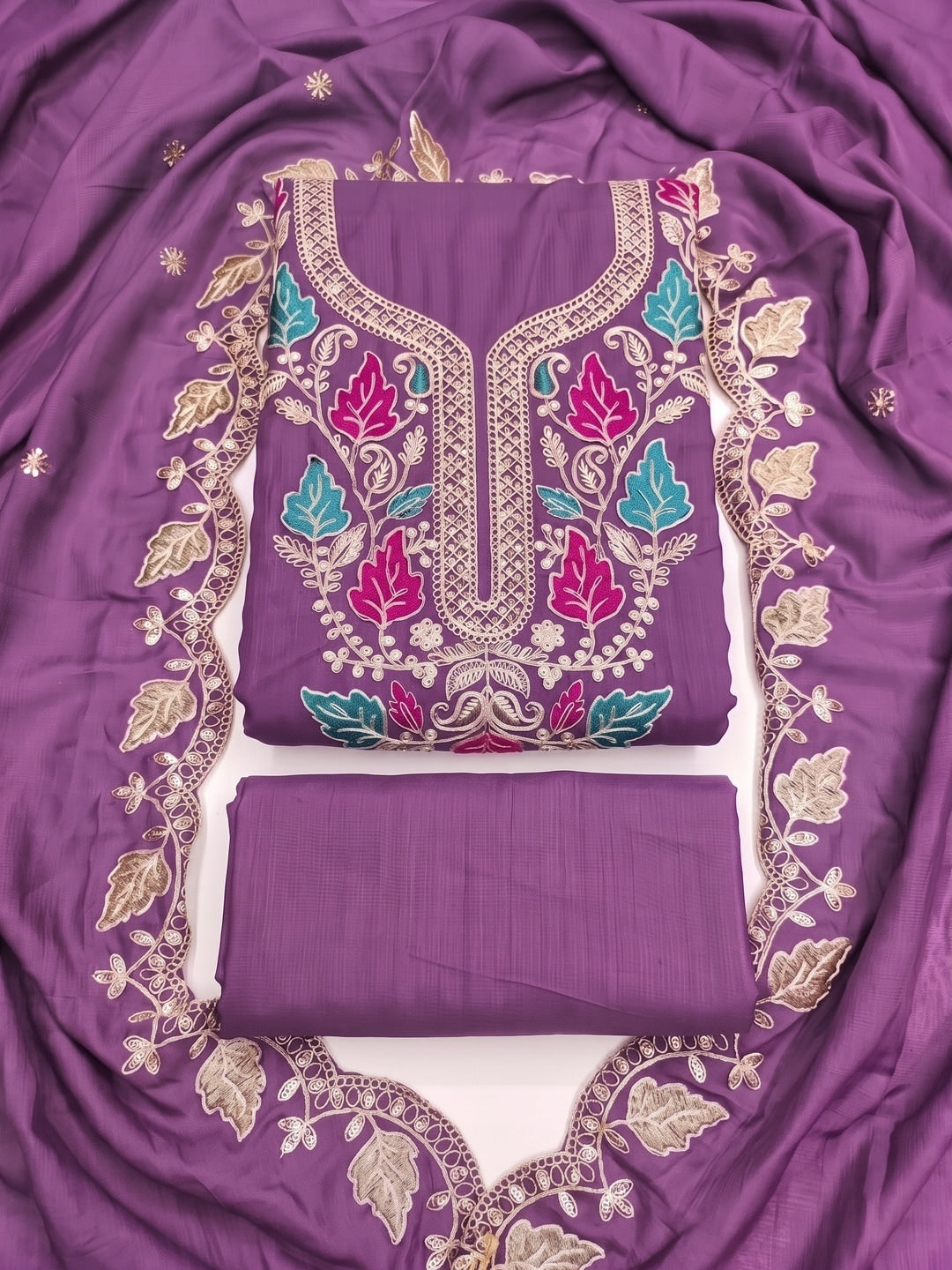 Mauve Floral Embroidered Vichitra Silk Unstitched Dress Material - Image 1