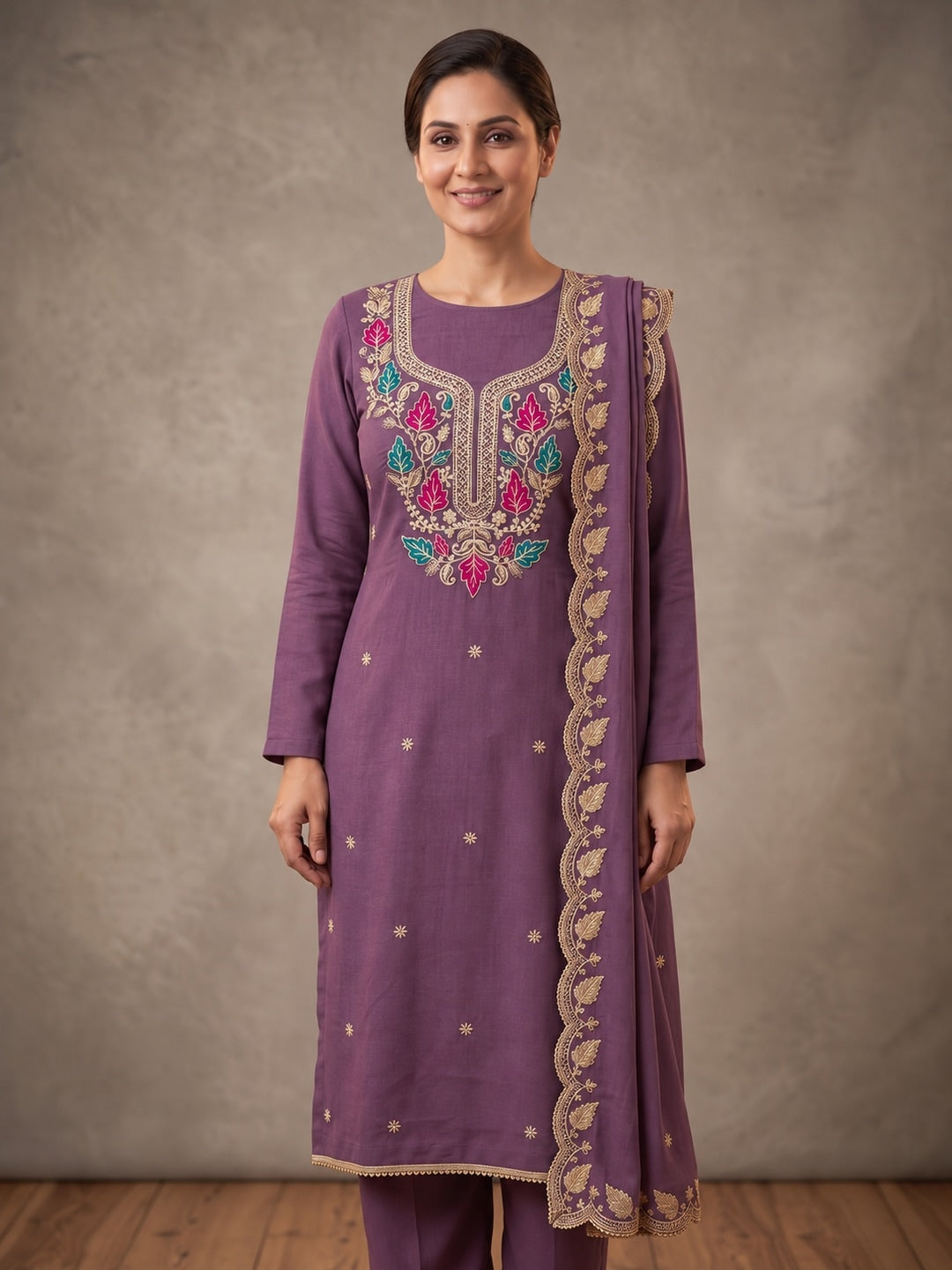 Mauve Floral Embroidered Vichitra Silk Unstitched Dress Material - Image 2