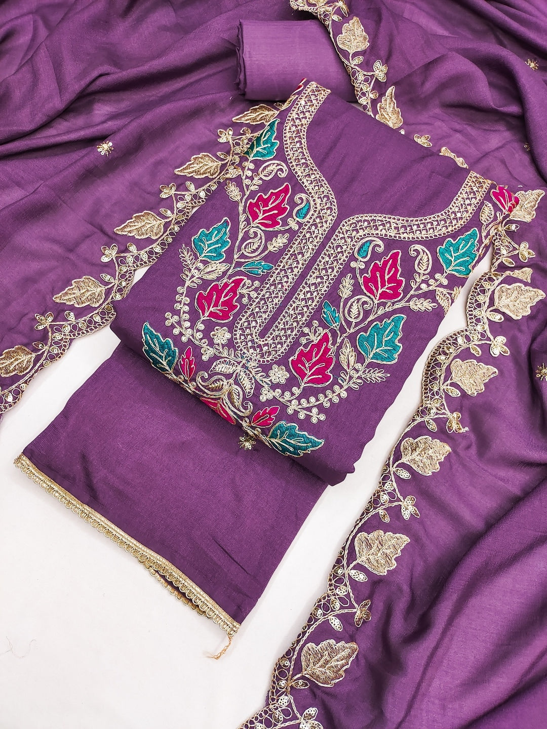Mauve Floral Embroidered Vichitra Silk Unstitched Dress Material - Image 3