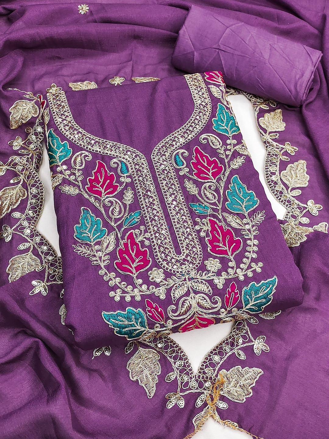Mauve Floral Embroidered Vichitra Silk Unstitched Dress Material - Image 4