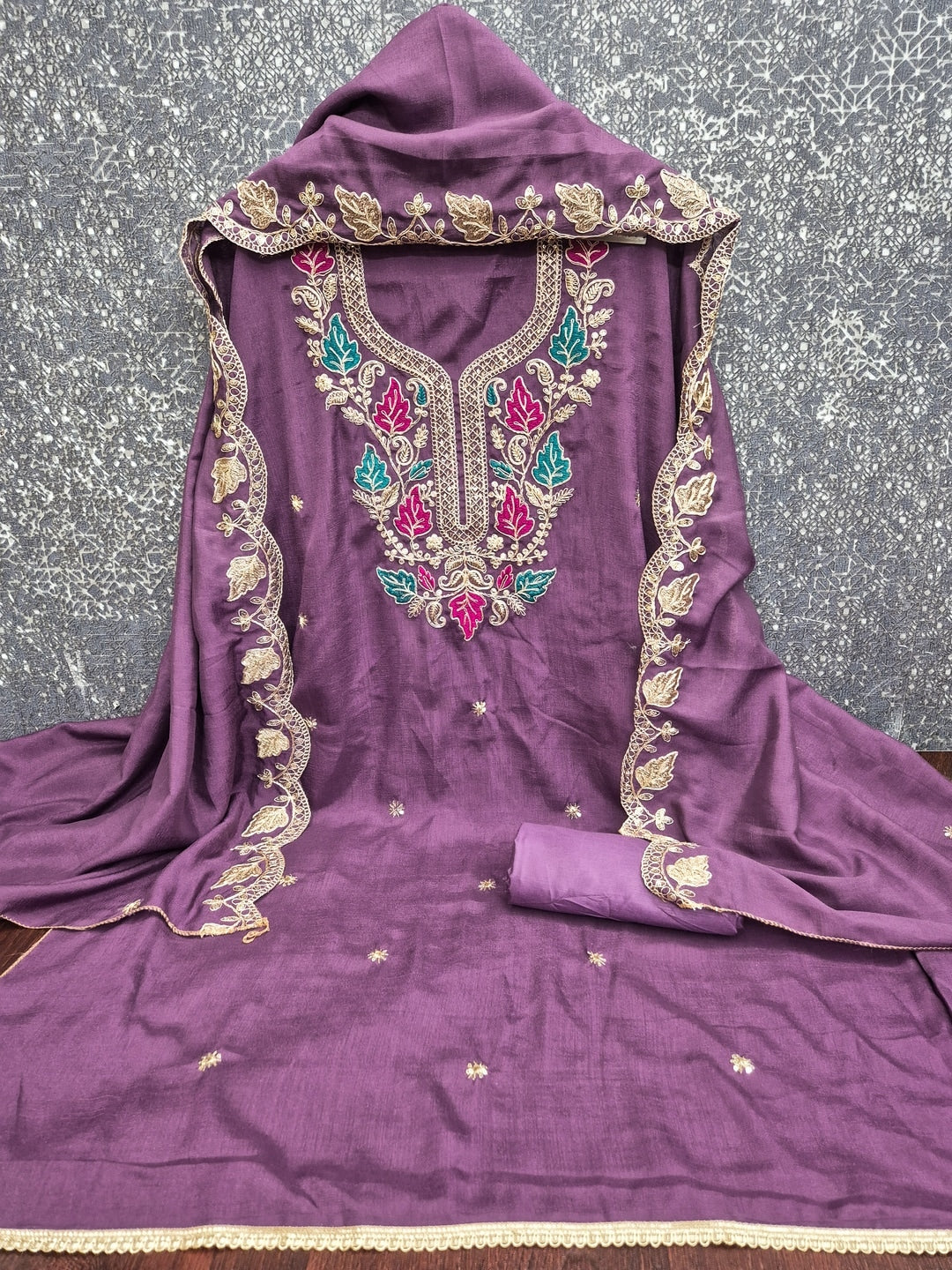 Mauve Floral Embroidered Vichitra Silk Unstitched Dress Material - Image 5