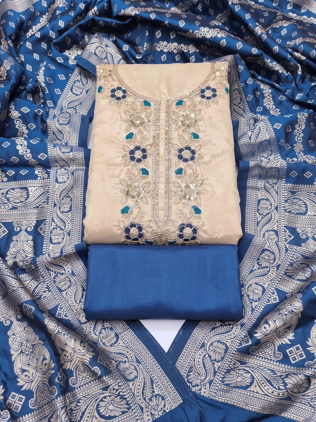 Cream Blue Floral Embroidered Shimmer Unstitched Dress Material - Image 1