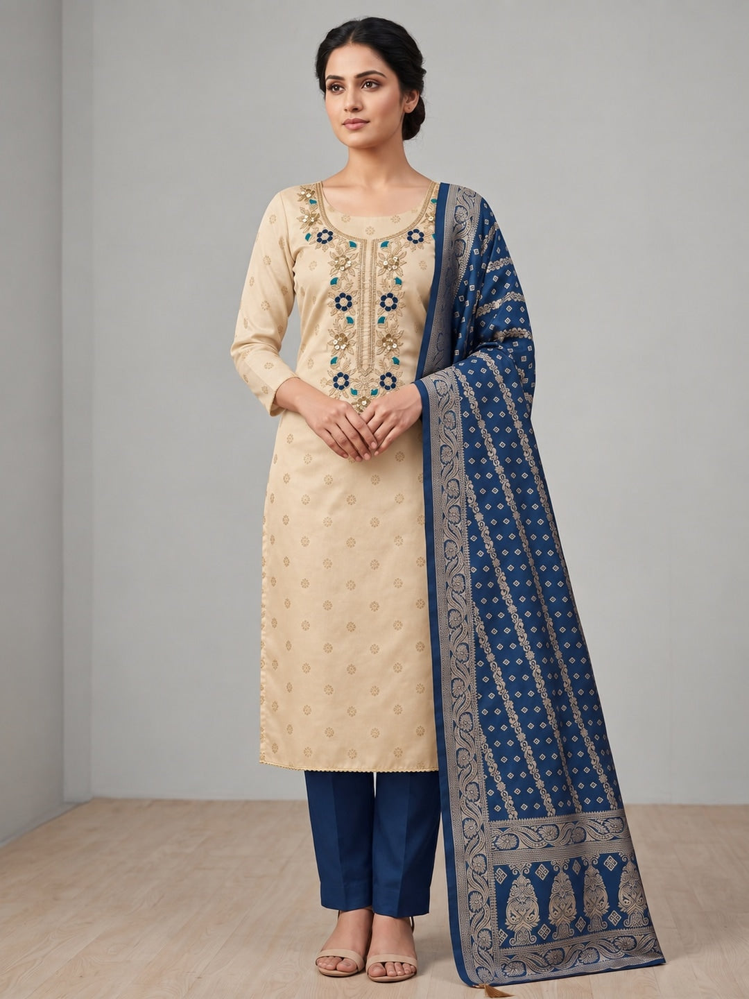 Cream Blue Floral Embroidered Shimmer Unstitched Dress Material - Image 2