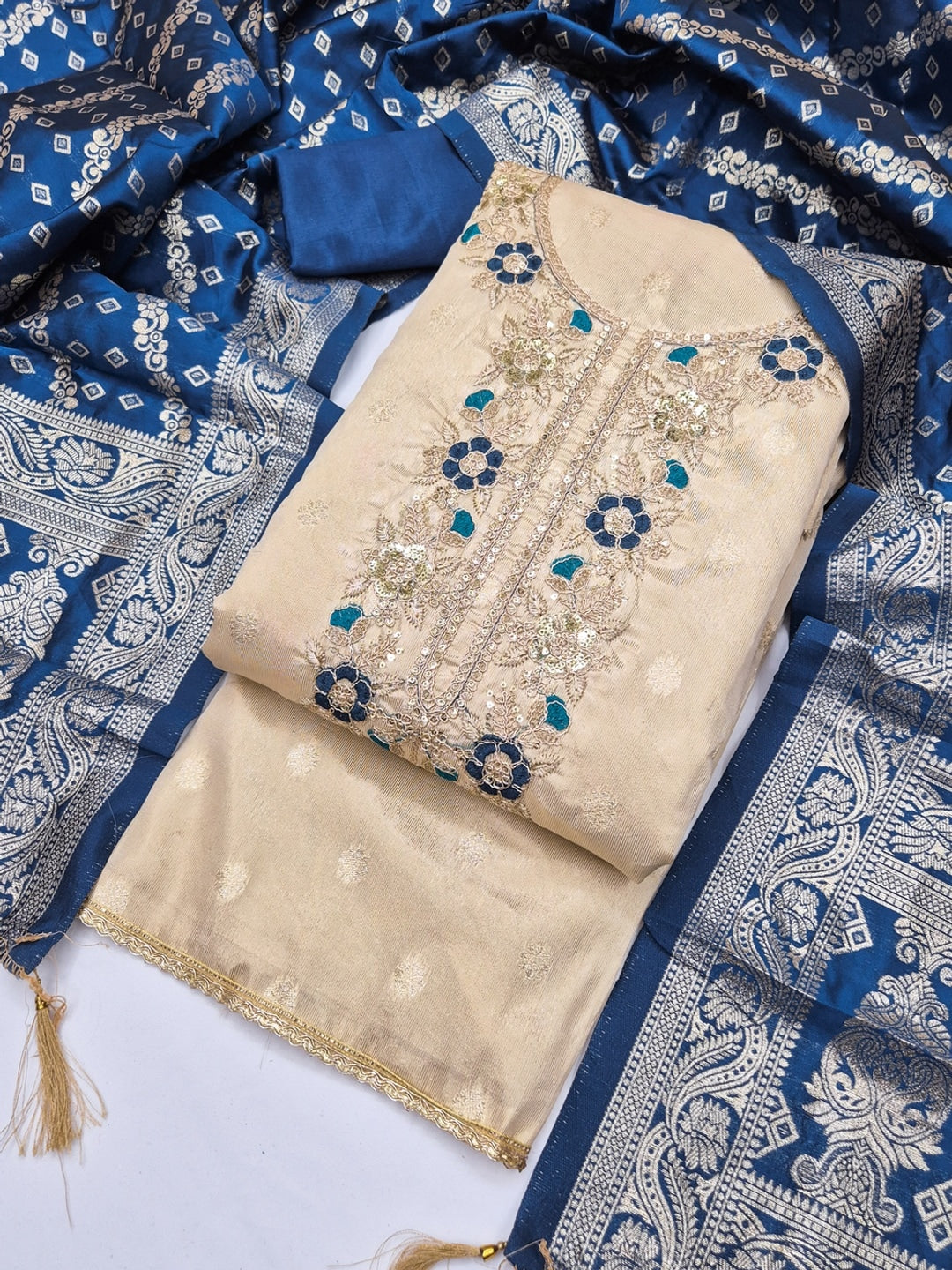 Cream Blue Floral Embroidered Shimmer Unstitched Dress Material - Image 3