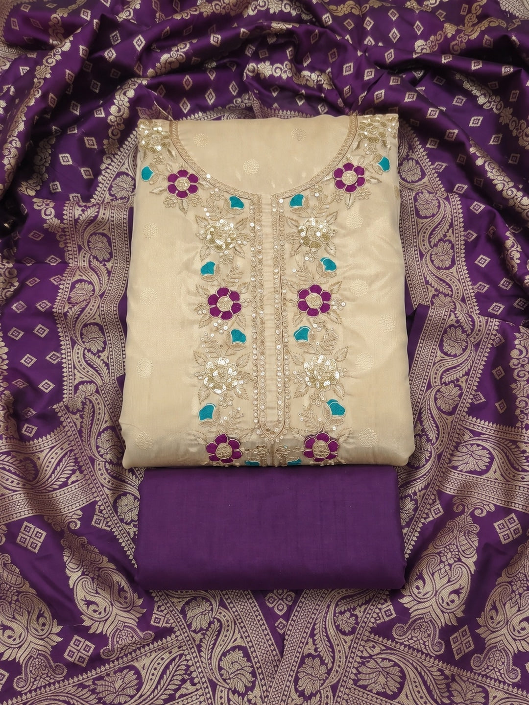 Cream Purple Floral Embroidered Shimmer Unstitched Dress Material - Image 1