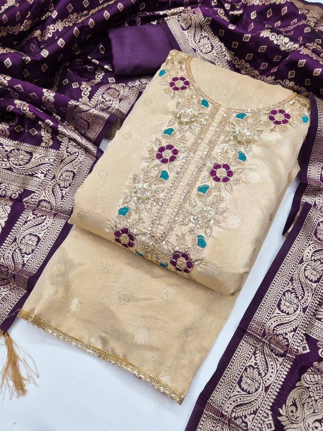 Cream Purple Floral Embroidered Shimmer Unstitched Dress Material - Image 3