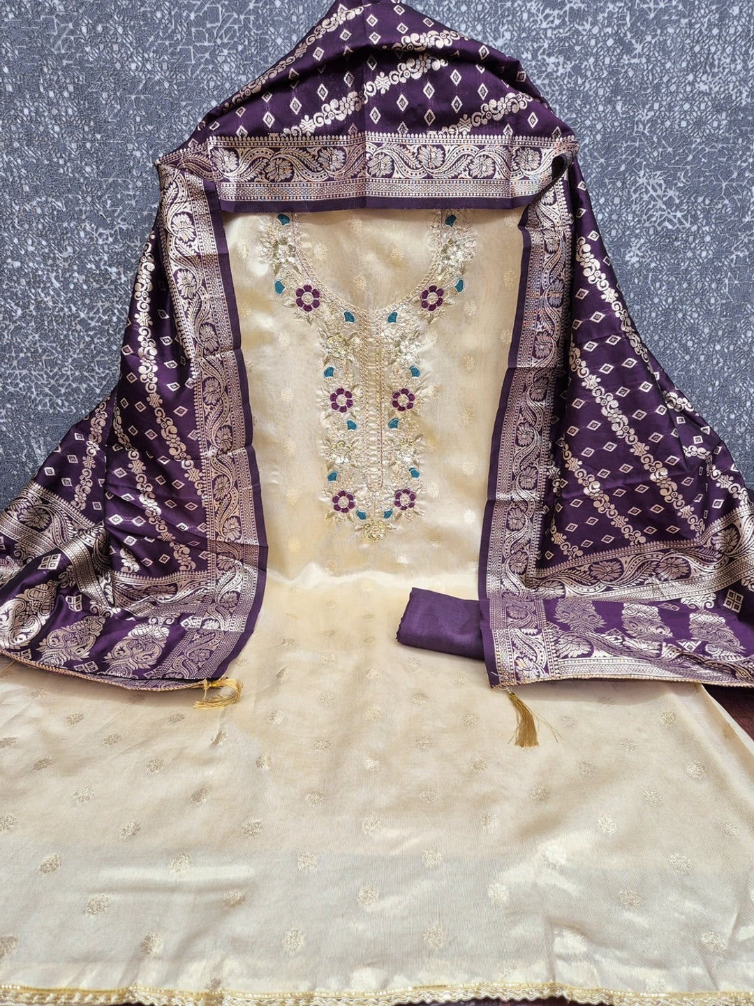 Cream Purple Floral Embroidered Shimmer Unstitched Dress Material - Image 5