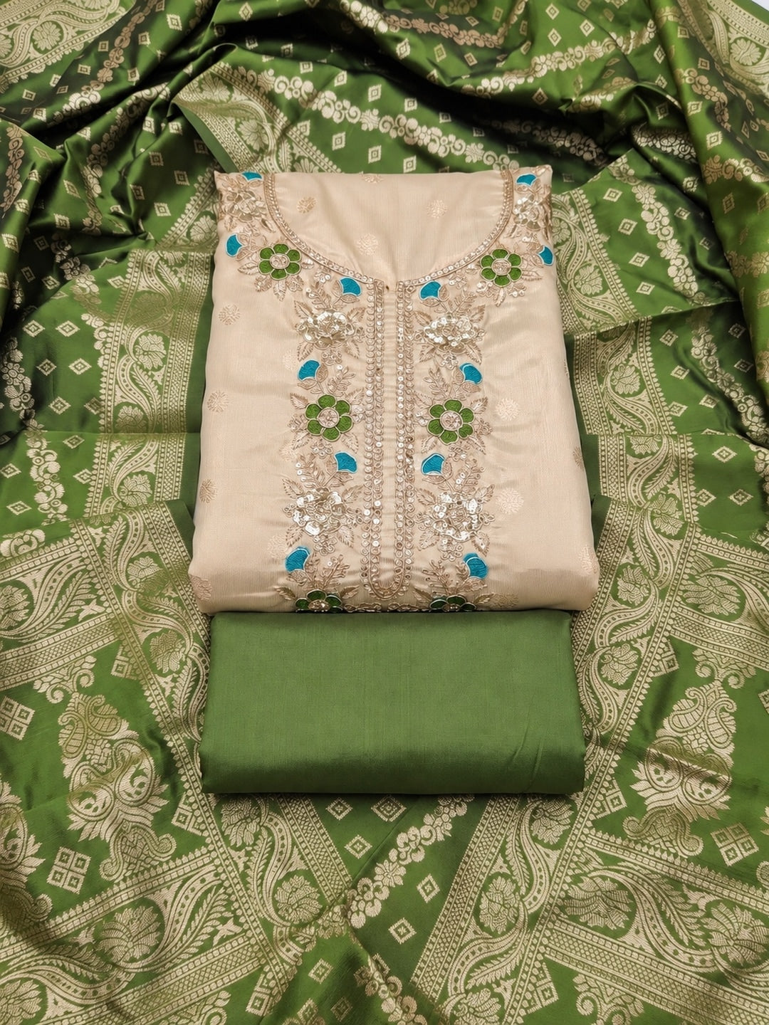 Cream Green Floral Embroidered Shimmer Unstitched Dress Material - Image 1