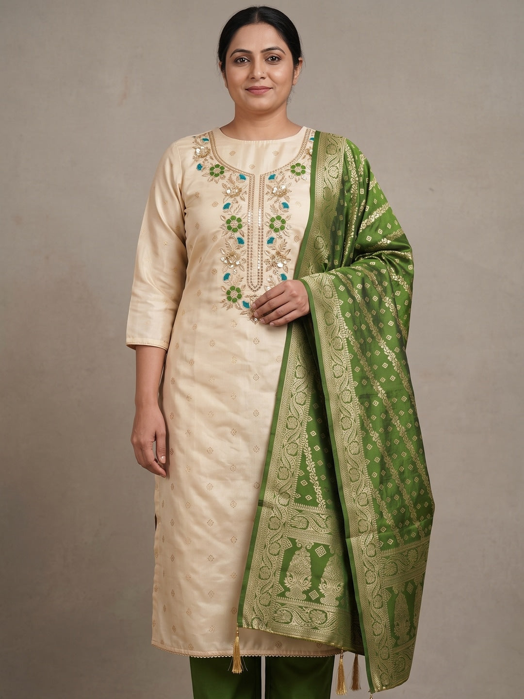 Cream Green Floral Embroidered Shimmer Unstitched Dress Material - Image 2