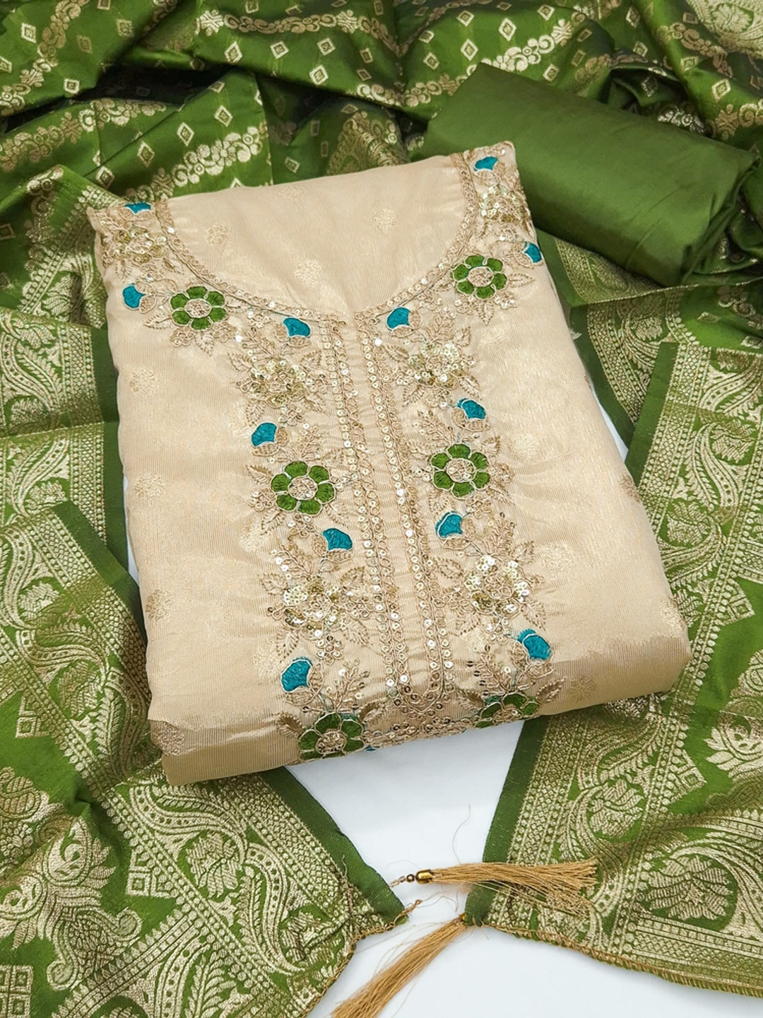 Cream Green Floral Embroidered Shimmer Unstitched Dress Material - Image 4