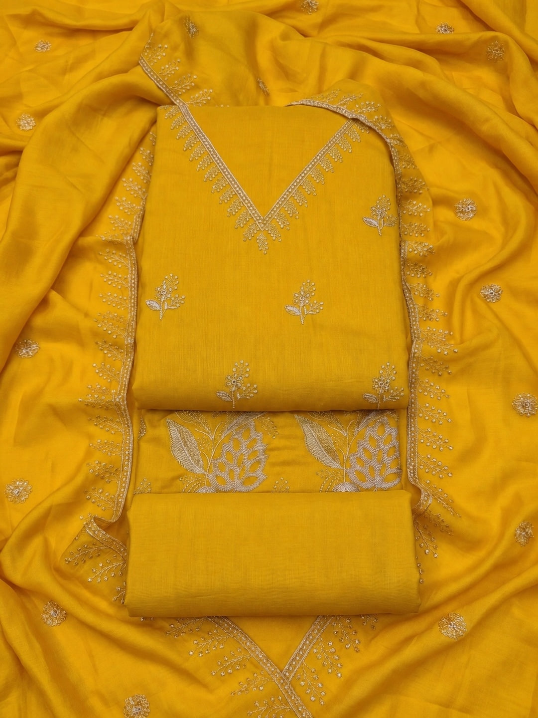 Yellow Floral Embroidered Vichitra Silk Unstitched Dress Material - Image 1