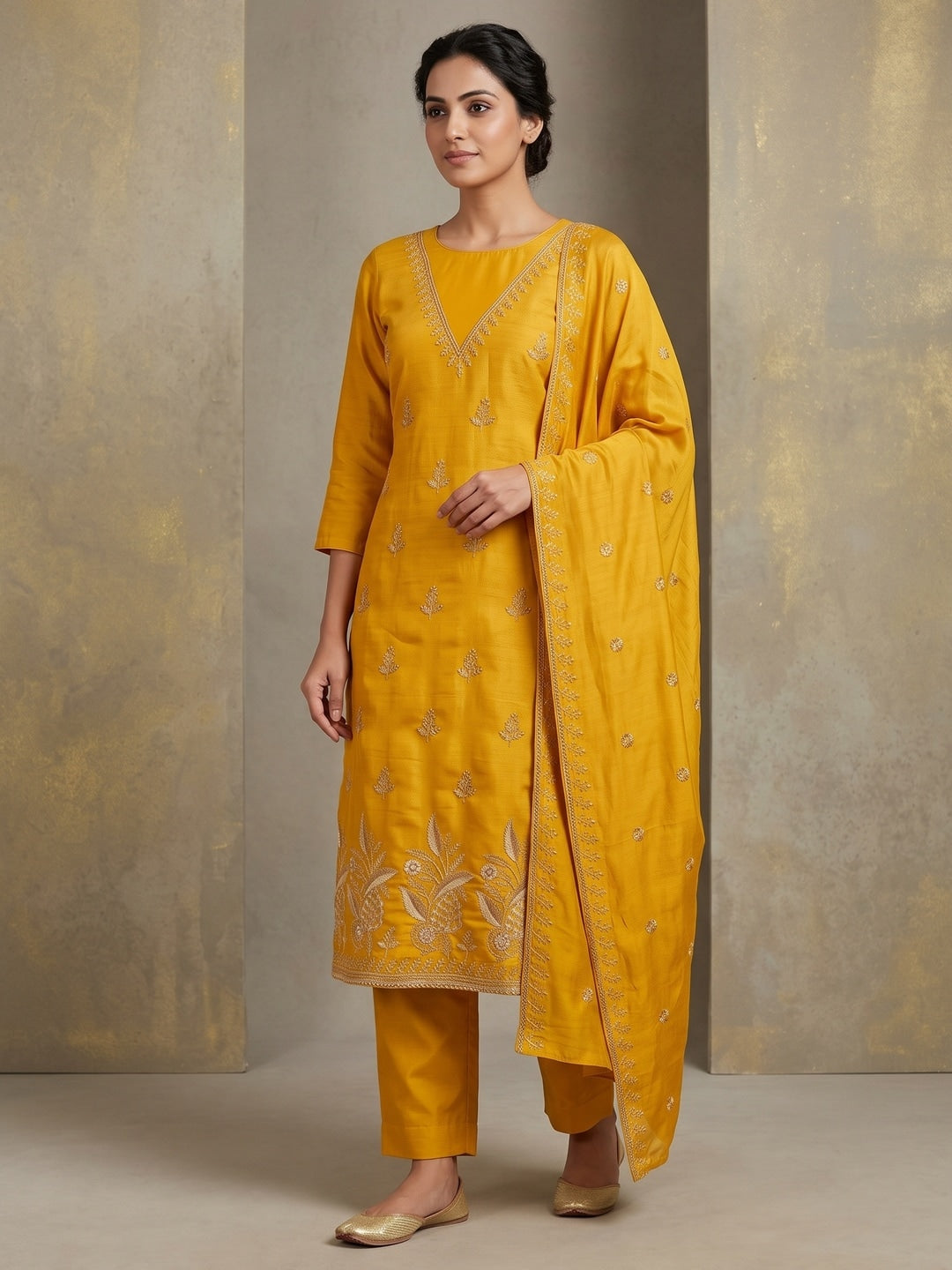 Yellow Floral Embroidered Vichitra Silk Unstitched Dress Material - Image 2