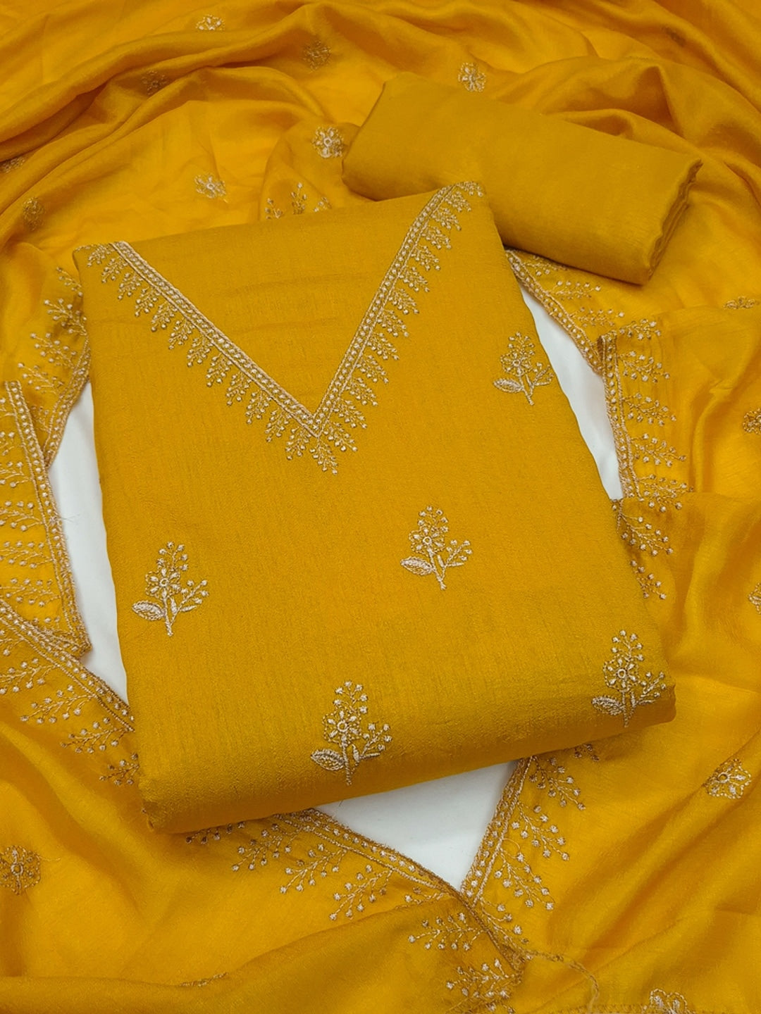 Yellow Floral Embroidered Vichitra Silk Unstitched Dress Material - Image 4