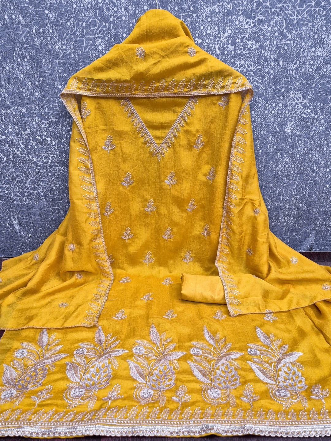 Yellow Floral Embroidered Vichitra Silk Unstitched Dress Material - Image 5