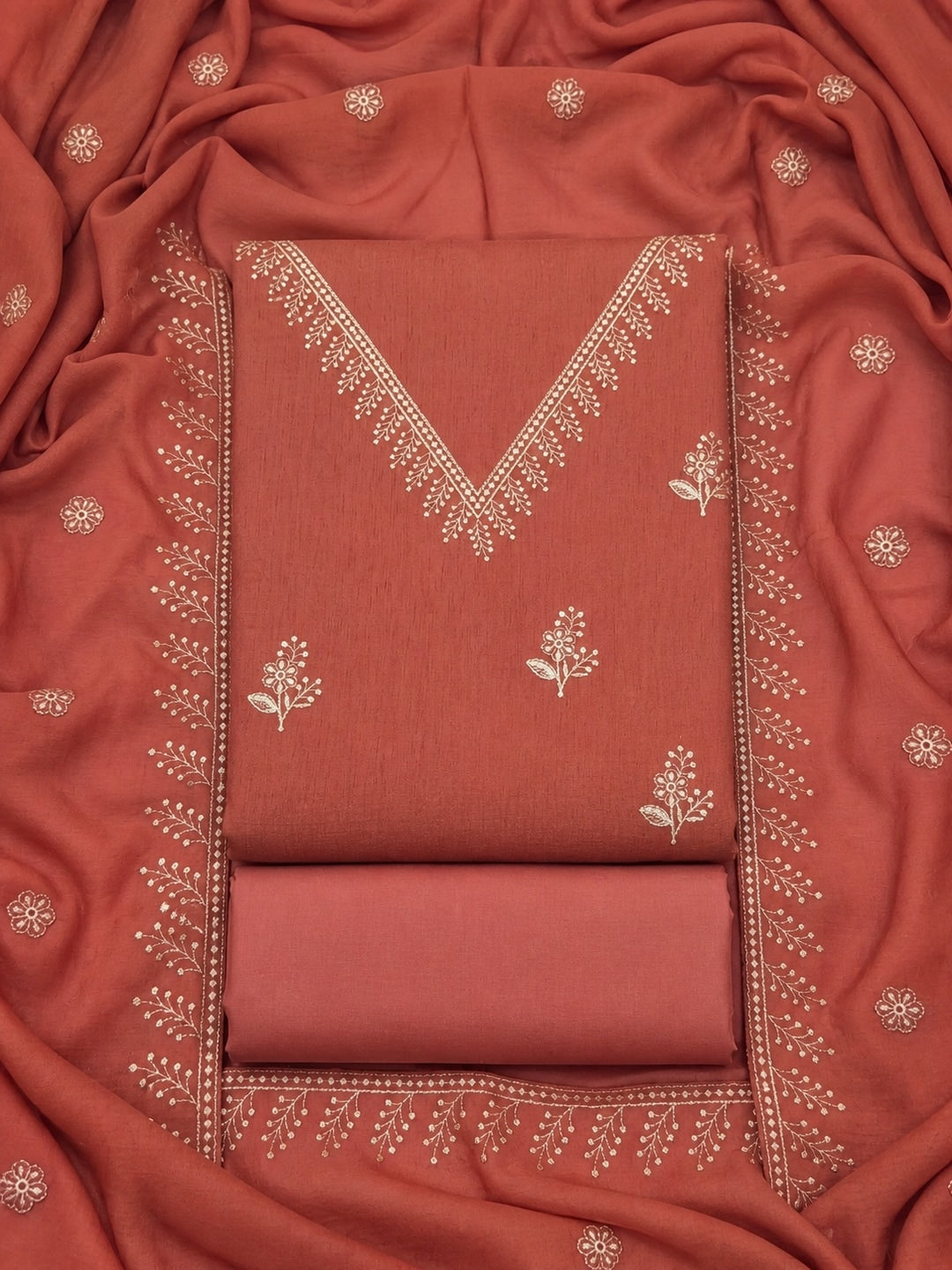 Rust Floral Embroidered Vichitra Silk Unstitched Dress Material - Image 1