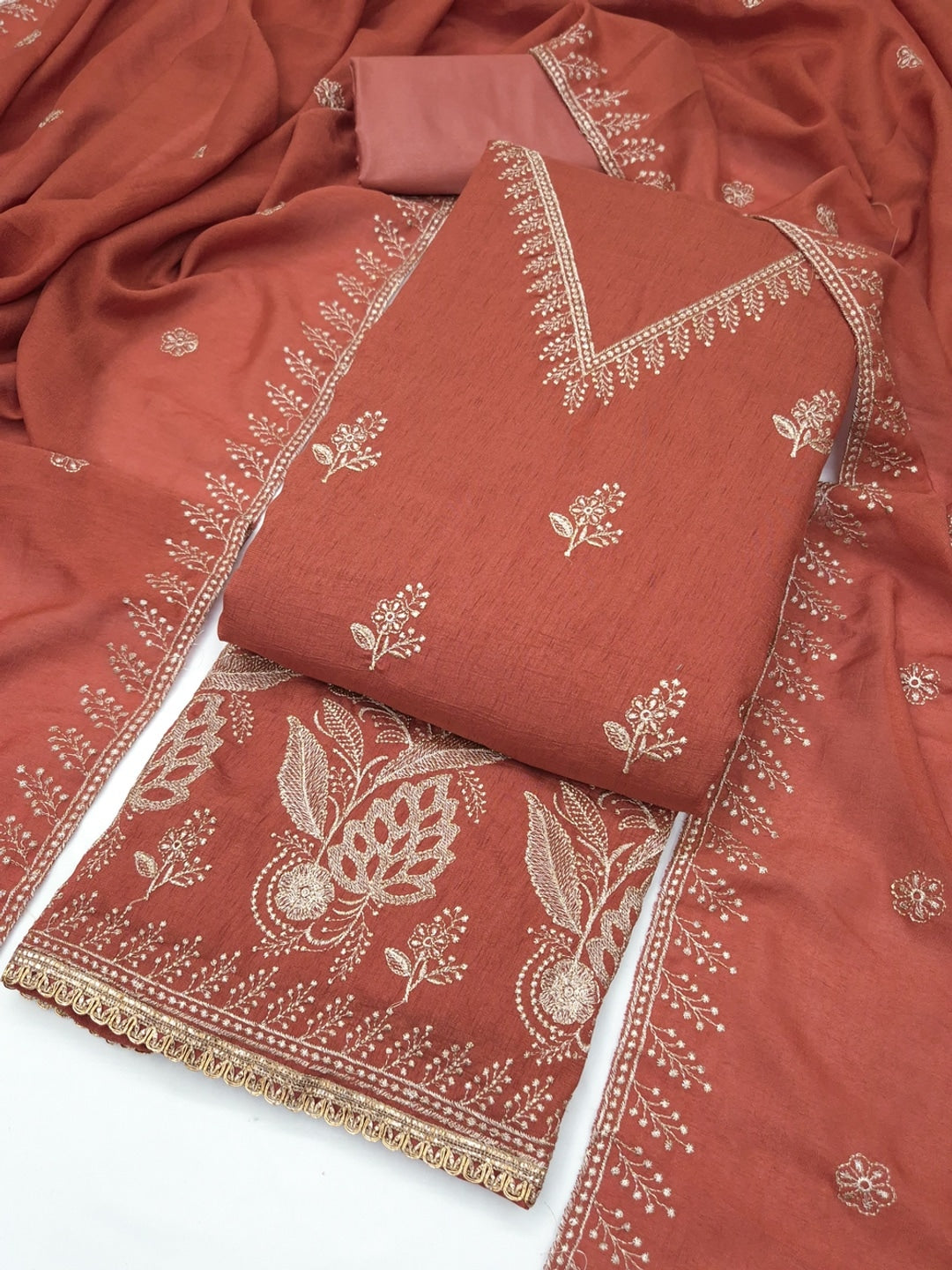 Rust Floral Embroidered Vichitra Silk Unstitched Dress Material - Image 3