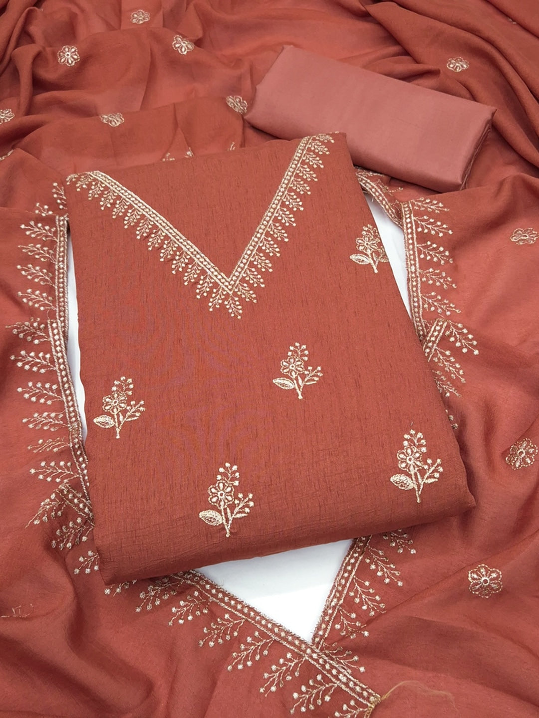 Rust Floral Embroidered Vichitra Silk Unstitched Dress Material - Image 4