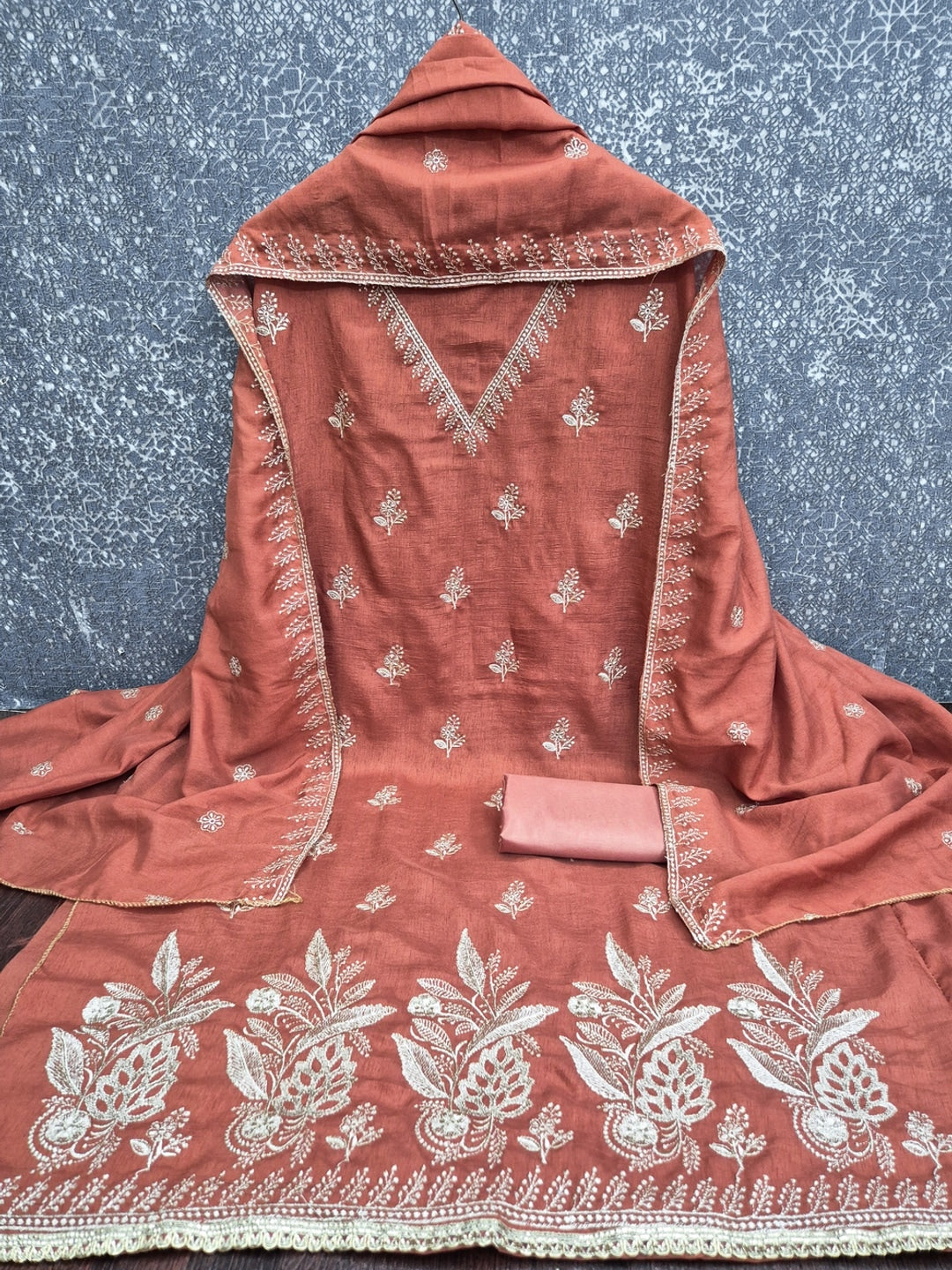 Rust Floral Embroidered Vichitra Silk Unstitched Dress Material - Image 5